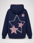 Navy blue hoodie with pink star designs on a white background